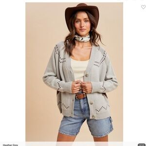 Chunky knitted Heather Grey Button-Up Cardigan horse nwt